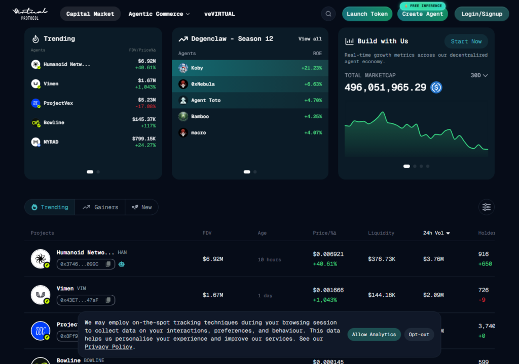 Virtuals Protocol app interface showing tokenized AI agent marketplace, VIRTUAL token liquidity pools, and agent creation tools, July 2026