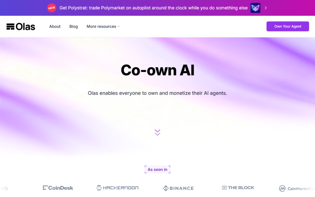 Olas Network homepage showing autonomous agent services, multi-agent coordination architecture, and OLAS token bonding for persistent onchain services