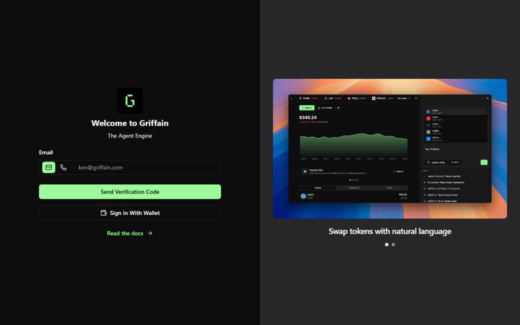 Griffain onchain AI agent interface showing natural language transaction execution, wallet integration, and onchain action tools, July 2026