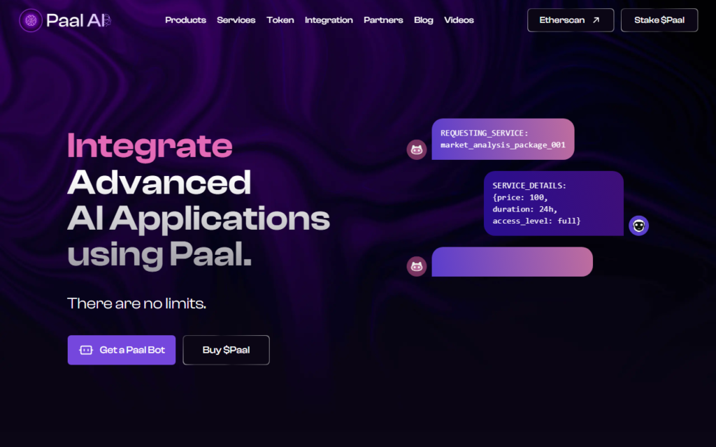 PAAL AI platform showing AI assistant interface, Telegram and Discord integration, and PAAL token staking and premium access features