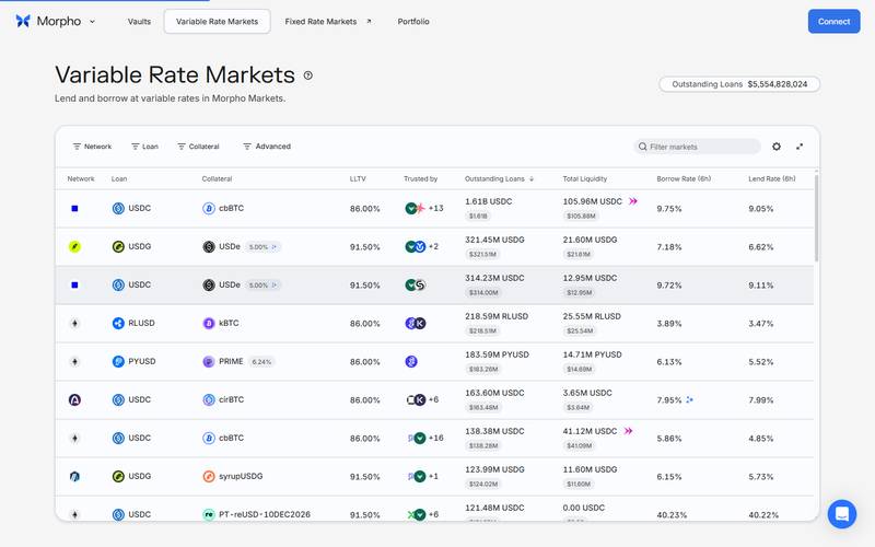 Morpho Blue direct markets filtered by collateral and loan currency