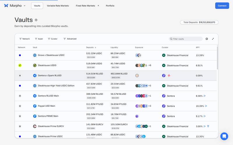 The Morpho Earn page showing curated vaults by asset, curator, and APY